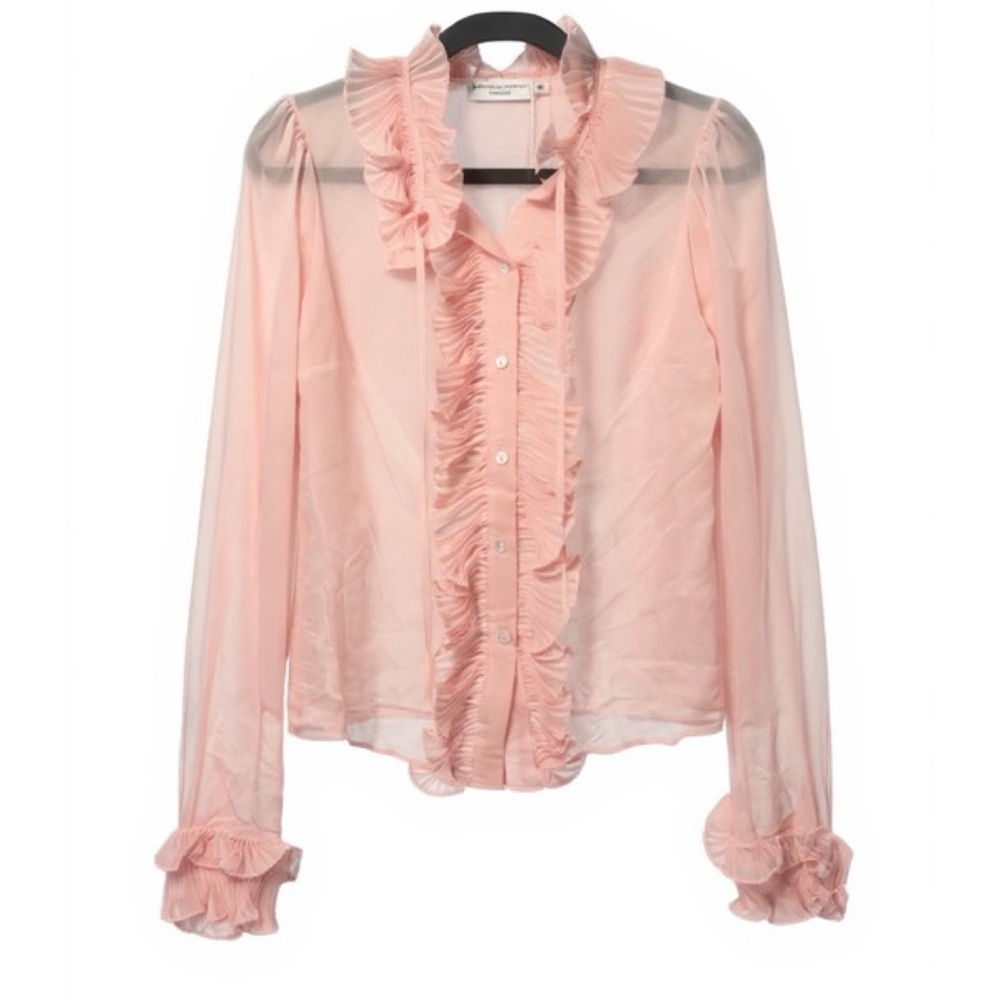 JULIEN MACDONALD Elegant Pink Silk Ruffled Blouse